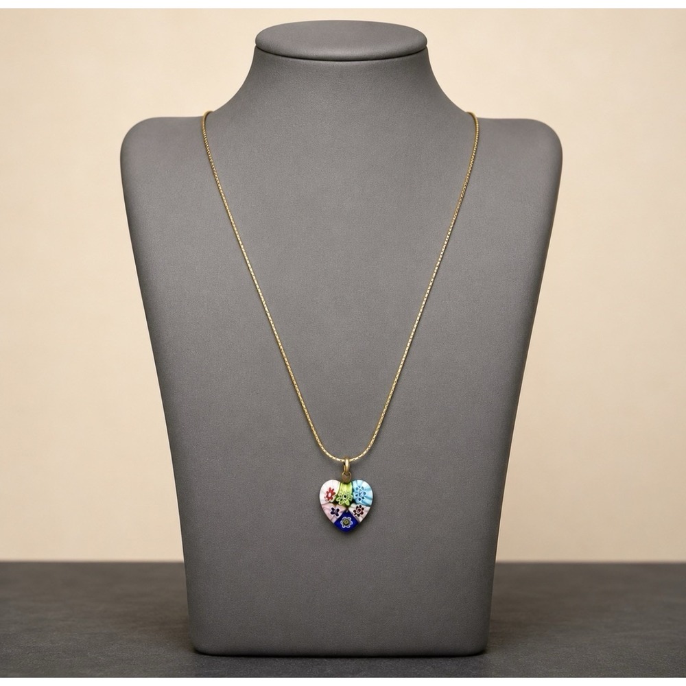 Murano Millefiori Art Glass Heart Pendant Necklace Gold Herringbone Chain 24"